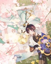 Rule 34 | 1boy, 1girl, absurdres, armor, bare shoulders, belt, black belt, black bodysuit, black bridal gauntlets, black gloves, black hair, black shorts, blonde hair, blue cape, blue sleeves, blue trim, blunt ends, bodysuit, breasts, bridal gauntlets, cape, cherry blossoms, cleavage, closed mouth, collarbone, covered collarbone, detached sleeves, dress, eyelashes, eyeliner, eyeshadow, falling petals, feather hair ornament, feathers, furisode, genshin impact, gloves, gold, gold footwear, gold ring, grey sleeves, hair intakes, hair ornament, hakama, hakama shorts, half-closed eyes, halterneck, hand on another&#039;s neck, hand on own stomach, hat, hat on chest, head on arm, hetero, highres, holding, holding unworn clothes, holding unworn hat, japanese armor, japanese clothes, jewelry, jingasa, kimono, kote, kurokote, layered sleeves, looking at another, lumine (genshin impact), lying, makeup, mandala, mandarin collar, middle ring, on back, on blanket, on grass, open clothes, open kimono, outdoors, partially fingerless gloves, petals, pink petals, pleated shorts, purple eyes, purple hat, purple rope, purple sash, red eyeliner, red eyeshadow, rope, sash, scaramouche (genshin impact), short hair, short hair with long locks, short sleeves, shorts, shoulder peek, sidelocks, smile, tassel, thighhighs, thighlet, twitter username, unworn hat, unworn headwear, vambraces, wanderer (genshin impact), white dress, white feathers, white kimono, white sleeves, white thighhighs, yellow eyes, zhuyingmiao