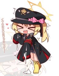 Rule 34 | &gt; &lt;, 1girl, armband, black dress, black hat, blonde hair, blue archive, blush, chibi, chibi only, closed eyes, collared shirt, dress, facing viewer, hair between eyes, halo, hana kazari, hat, heart, highres, ibuki (blue archive), jacket, long hair, long sleeves, neck ribbon, nose blush, open clothes, open jacket, open mouth, peaked cap, pleated dress, red ribbon, revision, ribbon, shirt, simple background, sleeves past fingers, sleeves past wrists, solo, suggestive fluid, translation request, trembling, twintails, wavy mouth, white background, white shirt, zoom layer