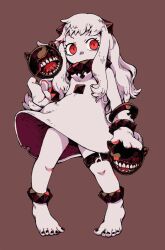 Rule 34 | 1girl, abyssal ship, anklet, barefoot, black nails, brown background, chomahu, covered mouth, dress, eyelashes, full body, horns, jewelry, kantai collection, long hair, mittens, nail polish, northern ocean princess, pale skin, red eyes, solo, toenail polish, toenails, white dress, white hair