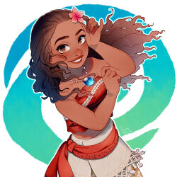 1girl bare_shoulders brown_eyes brown_hair curly_hair dark-skinned_female dark_skin flower hair_flower hair_ornament jewelry kiri_futoshi long_hair looking_at_viewer midriff moana_(movie) moana_waialiki necklace solo strapless