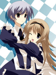 2girls apron artist_request black_headband black_necktie blonde_hair blue_background blue_dress blue_hair brown_hair buttoned_cuffs buttons chaos;head check_artist checkered_background cuffs dress expressionless frilled_apron frills hair_between_eyes headband highres hug kishimoto_ayase long_hair looking_at_viewer looking_back maid maid_headdress multiple_girls necktie nishijou_nanami official_art one_eye_closed open_mouth purple_dress purple_eyes red_eyes sasaki_mutsumi short_hair sidelocks tongue white_apron