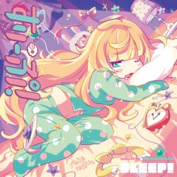 1girl absurdres alarm_clock album_cover album_name bad_link barefoot blonde_hair blunt_bangs blush_stickers camellia_(musician) character_name clock cover drooling dutch_angle green_eyes green_pajamas green_pants green_shirt head_on_pillow highres indie_utaite lamp lampshade long_hair long_sleeves looking_at_viewer lying mamimu_(ma-mi-mu.me) messy_hair midriff nanahira navel on_bed on_side one_eye_closed open_mouth pajamas pants pillow planet polka_dot polka_dot_pajamas shirt sleep!_(camellia_&amp;_nanahira) sleepy solo stuffed_animal stuffed_rabbit stuffed_toy third-party_source very_long_hair wavy_hair wavy_mouth window