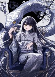 Rule 34 | 1girl, :d, absurdres, armchair, black hair, blunt bangs, bow, chair, commentary request, danjou sora, feet out of frame, flower, grey kimono, hand up, highres, japanese clothes, kimono, lace-trimmed sleeves, lace trim, long hair, long sleeves, looking at viewer, obi, open mouth, original, petals, sash, scales, sitting, smile, snake, solo, very long hair, white bow, white flower, wide sleeves, yellow eyes