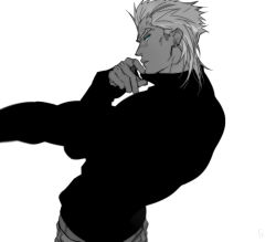 1boy bad_id bad_pixiv_id blue_eyes earrings facial_mark greyscale jewelry jojo_no_kimyou_na_bouken looking_at_viewer male_focus monochrome mullet muscular profile shirt_tug solo spot_color standing toujou_sakana turtleneck wamuu white_background