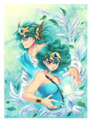 1boy 1girl belt blue_eyes blue_gemstone bracelet breasts circlet closed_mouth collarbone commentary_request dated defense_zero dragon_quest dragon_quest_iv earrings gem green_hair green_leotard green_tunic hair_between_eyes headset hero_(dq4) heroine_(dq4) jewelry leaf leotard long_sleeves medium_breasts medium_hair parted_lips single_bare_shoulder strapless strapless_leotard three_quarter_view tunic upper_body watermark white_undershirt