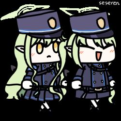 Rule 34 | 2girls, animated, animated gif, artist name, blonde hair, blue archive, blush, chibi, closed eyes, demon tail, green eyes, halo, hat, hikari (blue archive), jacket, lowres, multiple girls, nozomi (blue archive), pleated skirt, pointy ears, ponytail, running, seseren, shorts, siblings, sidelocks, sisters, skirt, smile, tail