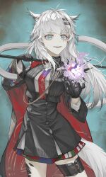 1girl absurdres animal_ears arknights black_gloves black_jacket blue_background chinese_commentary commentary_request cowboy_shot explosion gloves hair_between_eyes hair_ornament highres holding jacket lappland_(arknights) lappland_the_decadenza_(arknights) long_hair looking_at_viewer scar scar_across_eye scar_on_face solo tail thigh_strap tongshan_treeless white_tail wolf_ears wolf_girl wolf_tail