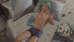 1boy abs absurdres arm_up blush bouquet boxer_briefs candle cove_holden curtained_hair eiden_kato feet_out_of_frame flower green_eyes green_hair hand_on_own_face hand_on_own_stomach head_on_pillow highres looking_at_viewer lying male_focus male_underwear no_pants on_back on_bed our_life:_beginnings_and_always pectorals pillow poppy_(flower) second-party_source sepia short_hair smile solo sunlight tattoo tattoo_sleeve toned toned_male topless_male underwear underwear_only unworn_clothes upper_body white_petals