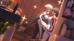 2girls absurdres aoiro_xiaolan artist_name astra_yao bead_necklace beads black_cape black_hair bodysuit book breasts cape character_name couch cushion dated dress earrings evelyn_chevalier face-to-face flower hairband high_heels highres holding_another&#039;s_leg holding_necktie indoors jewelry light_blush long_hair long_sleeves multiple_girls necklace necktie plant poster_(object) red_eyes shirt sleeveless sleeveless_shirt table thigh_beads thighs white_hairband yuri zenless_zone_zero