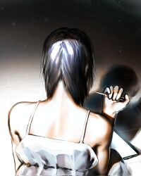 Rule 34 | 1girl, alien stage, black hair, commentary, dress, english commentary, highres, holding, holding knife, knife, medium hair, meloncrumbs, shadow, sitting, sleeveless, sleeveless dress, solo, sua (alien stage), tablet pc, white dress