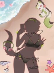 1girl absurdres beach bikini crab dressed_shadow_(meme) ferret from_above green_bikini headphones highres indie_virtual_youtuber jewelry laimu_(vtuber) long_hair meme necklace nova_moonfang ocean outdoors pov_shadow sand second-party_source side-tie_bikini_bottom solo starfish swimsuit unworn_bikini unworn_bikini_bottom unworn_bikini_top unworn_headphones unworn_jewelry unworn_necklace vinesauce virtual_youtuber water