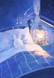 animal artist_name beanynne bed blanket blush closed_eyes closed_mouth commentary crescent english_commentary highres indoors lamp night no_humans original pillow rabbit signature sleeping star_(sky) window