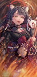 1girl animal_ear_fluff animal_ears arisaka black_flower black_gloves black_hair black_kimono black_nails black_sailor_collar blue_archive blush bolt_action colored_inner_hair fangs fingerless_gloves fire floral_print floral_print_kimono flower fox_ears fox_girl fox_mask gloves gun hair_flower hair_ornament highres holding holding_gun holding_mask holding_weapon japanese_clothes kimono looking_at_viewer mask multicolored_hair open_mouth print_kimono purple_sash red_hair rifle sailor_collar samlooop sash solo teeth two-tone_hair upper_teeth_only wakamo_(blue_archive) weapon