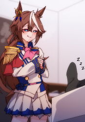 1girl animal_ears blue_eyes brown_hair commentary_request epaulettes heart heart-shaped_pupils heart_in_eye highres horse_ears horse_girl horse_tail licking_lips long_hair long_sleeves miniskirt multicolored_hair nottoai_(user_emeu8775) pleated_skirt ponytail skirt sleeping solo_focus streaked_hair sweat symbol-shaped_pupils symbol_in_eye tail tokai_teio_(umamusume) tongue tongue_out umamusume white_hair white_skirt zzz