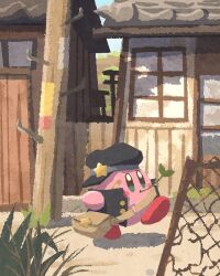 bag bandaid black_hat black_jacket blush_stickers commentary_request day grass green_eyes hat highres house jacket kirby kirby_(series) leaf miclot mouth_hold nintendo no_humans outdoors solo walking