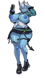 1girl absurdres aged_up alternate_breast_size between_breasts black_necktie black_shoes black_skirt black_tail blue_jacket blue_nipples blue_oni blue_skin breasts breasts_out collared_shirt colored_nipples colored_skin curvy demon_girl demon_horns demon_tail drink full_body hair_between_eyes highres holding holding_drink horns huge_breasts jacket long_sleeves miniskirt mold_(pixiv6616319) mole mole_on_breast navel necktie necktie_between_breasts nipples one_eye_closed oni open_clothes open_jacket open_mouth open_shirt orange_eyes pleated_skirt salute shirt shoes short_hair sidelocks simple_background skin-covered_horns skirt smile solo soukaku_(zenless_zone_zero) sticker_on_leg tail thick_thighs thigh_strap thighs white_background white_hair white_shirt zenless_zone_zero