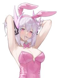 1girl absurdres alternate_costume animal_ear_hairband animal_ears armpits arms_behind_head arms_up blush bow bowtie breasts collar commission detached_collar fake_animal_ears hair_between_eyes hair_in_own_mouth hairband headgear highres leotard liv:_eclipse_(pgr) liv_(pgr) looking_at_viewer medium_breasts medium_hair meteorgale pink_bow pink_bowtie pink_eyes pink_leotard playboy_bunny punishing:_gray_raven rabbit_ear_hairband rabbit_ears second-party_source simple_background smile solo strapless strapless_leotard upper_body variant_set white_background white_collar white_hair