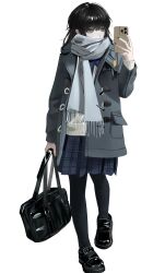 1girl absurdres bag black_bag black_hair black_nails black_pantyhose black_shoes blue_scarf blue_skirt cellphone grey_jacket hair_between_eyes highres holding holding_bag holding_phone jacket kino_(user_scft3885) long_hair looking_at_object original pantyhose phone plaid_clothes plaid_skirt scarf scarf_over_mouth shirt shoes sidelocks skirt smartphone solo white_shirt