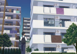 1boy 1girl absurdres air_conditioner apartment backpack bag black_hair black_pants black_skirt blue_sky building bush clothesline day drying drying_clothes highres holding laundry original outdoors pants pinoj0214 pleated_skirt scenery shirt short_hair skirt sky tree urban white_shirt