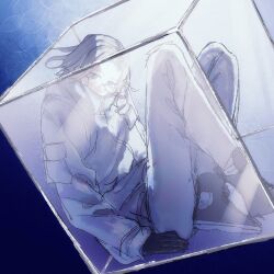 1boy aotsuki_eito black_gloves black_shoes blue_background blue_eyes box full_body glasses gloves gradient_background highres in_box in_container jacket looking_at_viewer male_focus multicolored_shoes pants shoes simple_background sitting solo solo_focus the_hundred_line_-last_defense_academy- white_hair white_jacket white_pants white_shoes