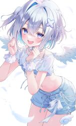 1girl absurdres alternate_costume amane_kanata angel_wings aoha_(aohasora) blue_hair blue_shorts blue_wings colored_inner_hair commentary_request cropped_shirt crossed_bangs falling_feathers feathered_wings feathers gradient_wings grey_hair hair_between_eyes hair_ornament hands_up highres hololive looking_at_viewer midriff mini_wings multicolored_hair multicolored_wings navel one_side_up open_mouth pink_hair purple_eyes shirt short_hair short_shorts short_sleeves shorts simple_background single_hair_intake solo streaked_hair teeth upper_teeth_only virtual_youtuber white_background white_shirt white_wings wings x_hair_ornament