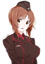 Rule 34 | 1girl, black hat, black jacket, blush, breasts, brown eyes, brown hair, girls und panzer, hat, ikeda sakura, jacket, kuromorimine military uniform, large breasts, military hat, military uniform, nishizumi miho, open mouth, solo, teeth, white background