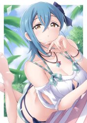 1girl aqua_hair bikini black_bikini blue_sky border breasts cleavage cloud collarbone commentary_request day feet_up green_shorts hair_between_eyes highres jewelry kirisaki_reina large_breasts looking_at_viewer love_live! lying medium_hair necklace on_stomach outdoors palm_tree parted_lips shirt short_shorts shorts sky solo swimsuit the_pose tree wakana_shiki white_border white_shirt