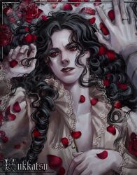 2boys absurdres androgynous artist_name black_hair flower fukkatsu_sumi highres jewelry long_hair lying multiple_boys on_back original pale_skin petals pov pov_hands red_eyes red_flower red_petals red_rose ring rose rose_petals shirt solo_focus upper_body vampire white_shirt