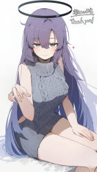 1girl absurdres bare_arms black_halo blue_archive blue_eyes closed_mouth grey_sweater hair_between_eyes halo hand_on_own_thigh hand_up heart highres jewelry long_hair maton_3110 purple_hair ring sitting sleeveless sleeveless_sweater smile solo sweater thighs very_long_hair wedding_ring white_background yuuka_(blue_archive)