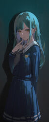 1girl airool aqua_hair arm_behind_back badge bang_dream! bang_dream!_it&#039;s_mygo!!!!! black_background blue_serafuku breast_pocket chinese_commentary commentary_request cowboy_shot finger_to_own_chin from_side gradient_background green_background grey_neckerchief grin hand_up highres index_finger_raised long_hair long_sleeves looking_at_viewer mortis_(bang_dream!) mortis_(persona)_(bang_dream!) neckerchief parted_bangs pocket sailor_collar school_uniform serafuku sidelighting sidelocks smile solo tsukinomori_school_uniform wakaba_mutsumi white_sailor_collar winter_uniform yellow_eyes