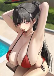 Rule 34 | 1girl, absurdres, armpits, arms behind head, arms up, bikini, black hair, blue archive, breasts, cleavage, egoswans, hair ornament, hair tie in mouth, hairclip, halo, high ponytail, highres, huge breasts, long hair, looking at viewer, mouth hold, outdoors, ponytail, pool, red bikini, red eyes, ringed eyes, rio (blue archive), side-tie bikini bottom, sideboob, sitting, solo, swimsuit, thighs, very long hair, water
