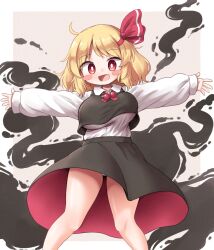 1girl alternate_breast_size arinu ascot black_vest blonde_hair darkness fang hair_ribbon highres messy_hair open_mouth outstretched_arms panties pantyshot red_ascot red_eyes ribbon rumia shirt short_hair solo spread_arms touhou underwear vest white_shirt