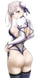 Rule 34 | 1girl, absurdres, ass, back, blue eyes, blue one-piece swimsuit, blush, breasts, bun cover, fate/grand order, fate (series), hair bun, highleg, highleg one-piece swimsuit, highres, kugiseiichi, large breasts, long hair, looking at viewer, looking back, miyamoto musashi (fate), miyamoto musashi (fate/grand order), miyamoto musashi (swimsuit berserker) (fate), miyamoto musashi (swimsuit berserker) (third ascension) (fate), one-piece swimsuit, open mouth, pink hair, single side bun, solo, swimsuit, thighhighs, two-tone swimsuit
