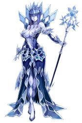 1girl argyle_clothes argyle_legwear bare_shoulders blue_eyes blue_hair blue_skin blue_theme blush breasts cleavage colored_skin crown crystal detached_sleeves elemental_(creature) female_focus full_body highres holding holding_staff ice ice_elemental ice_queen_(monster_girl_encyclopedia) kenkou_cross large_breasts long_hair looking_at_viewer matching_hair/eyes midriff monster_girl monster_girl_encyclopedia monster_girl_encyclopedia_ii navel official_art queen simple_background solo staff standing white_background wings