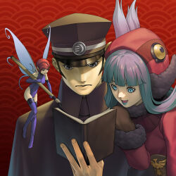 Rule 34 | 1boy, 2girls, :d, absurdres, aqua eyes, aqua hair, aqua lips, artist request, black cloak, black hair, black hat, book, cloak, commentary, demon (megami tensei), devil summoner: raidou kuzunoha vs the soulless army, devil summoner (series), english commentary, fairy wings, frown, grey eyes, hat, highres, holding, holding brush, kuzunoha raidou, long hair, mini person, minigirl, multiple girls, muu shuwuu (megami tensei), official art, open mouth, peaked cap, pixie (megami tensei), reading, red background, red hair, short hair, sideburns, smile, wings