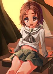 Rule 34 | 1girl, black neckerchief, blouse, brown eyes, brown hair, classroom, commentary, curtains, desk, frown, girls und panzer, green skirt, helmet (trailblazer003), indoors, long sleeves, looking at viewer, midriff, miniskirt, navel, neckerchief, on desk, ooarai school uniform, open mouth, parted bangs, pleated skirt, revision, sailor collar, sawa azusa, school desk, school uniform, serafuku, shirt, short hair, sitting, skirt, solo, twilight, white sailor collar, white shirt, wind, wind lift, window