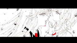 2girls asahina_yuni blood collared_shirt hand_up haoxiangkan_nutong highres kyou_wa_kanojo_ga_inai_kara long_hair long_sleeves looking_at_another multiple_girls necktie pointy_ears portrait red_necktie shirt short_hair taki_fuuko vampire vest yuri