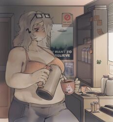 Rule 34 | 1girl, absurdres, black-framed eyewear, breasts, character request, clock, closed mouth, coffee, coffee mug, collarbone, commentary, copyright request, cotton swab, cowboy shot, cup, cyb3rbully1ng, digital clock, english commentary, english text, eyewear on head, glasses, grey hair, grey pants, highres, indoors, large breasts, looking down, medium breasts, milk, milk carton, moka pot, mug, no symbol, pants, plump, poster (object), salt, shadow, solo, spoon, sticky note, thick arms, window, window blinds