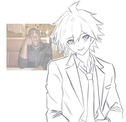 1boy :d ahoge collared_shirt danganronpa:_trigger_happy_havoc danganronpa_(series) highres jacket kevin_hart looking_at_viewer male_focus naegi_makoto necktie open_clothes open_jacket open_mouth real_life shirt short_hair smile spiked_hair teeth upper_body veggiemist