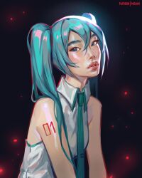 1girl absurdres aqua_eyes aqua_necktie arm_tattoo artist_name asian blue_hair collared_shirt commentary english_commentary grey_shirt hair_between_eyes hatsune_miku head_back highres long_hair misa_mi necktie number_tattoo parted_lips shirt sleeveless sleeveless_shirt solo tattoo twintails upper_body vocaloid