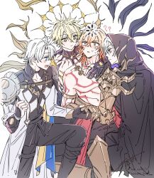 4boys ? ?? alternate_form antenna_hair arm_tattoo armlet armor asymmetrical_wings bad_nachi black_choker black_cloak black_gloves black_pants black_shirt black_wings blonde_hair blue_cape blue_eyes braid cape chest_tattoo choker cloak coat commentary facial_tattoo fingerless_gloves flame_reaver_of_the_deepest_dark gloves gold_necklace gradient_hair hair_between_eyes halo halo_behind_head highres honkai:_star_rail honkai_(series) hood hood_up hooded_cloak jewelry loading_icon looking_at_another male_focus medium_hair multicolored_hair multiple_boys mydei_(honkai:_star_rail) necklace pants pauldrons phainon_(honkai:_star_rail) red_hair red_tattoo shirt short_hair shoulder_armor side_braid simple_background single_glove single_pauldron tattoo thigh_strap white_background white_coat white_hair wings yaoi yellow_eyes yellow_wings