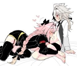 2boys ahoge androgynous astolfo_(fate) black_bow black_garter_straps black_male_underwear black_thighhighs black_vest blush bow closed_eyes closed_mouth fate/apocrypha fate_(series) garter_straps grey_hair hair_between_eyes hair_bow hair_intakes haoro heart long_braid long_hair male_focus male_pregnancy male_underwear multiple_boys open_clothes open_shirt pink_hair pregnant red_eyes sieg_(fate) sweatdrop thighhighs trap underwear very_long_hair vest white_background yaoi