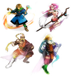 1990s_(style) 1girl 3boys blonde_hair blue_eyes braid brother_and_sister brown_eyes brown_hair final_fantasy final_fantasy_iv final_fantasy_iv:_the_after_years edward_chris_von_muir harp instrument moreshan multiple_boys aged_up palom pink_hair porom sandals scarf siblings single_braid staff wand yang_fang_leiden