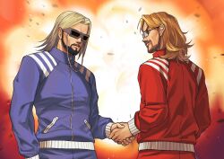 absurdres beard blonde_hair commentary cowboy_shot english_commentary facial_hair fatal_fury fatal_fury:_city_of_the_wolves glasses handshake highres jacket kshatriya_666 marvel_vs._capcom maximilian_dood medium_hair pants purple_jacket purple_pants real_life red_jacket red_pants salvatore_ganacci sunglasses track_jacket track_suit x-men_vs._street_fighter