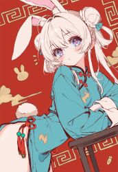 1girl :o animal_ear_fluff animal_ears bent_over blue_dress blue_eyes china_dress chinese_clothes double_bun dress hair_bun hair_rings highres ichiya_refi long_sleeves original pelvic_curtain print_dress rabbit_ears rabbit_girl rabbit_tail side_slit tail thighs white_hair