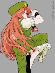 1girl beret black_shoes bow braid canariadraw china_dress chinese_clothes dress embodiment_of_scarlet_devil frilled_dress frills green_eyes green_vest grey_background hat hat_ornament highres hong_meiling kung_fu long_hair puffy_short_sleeves puffy_sleeves red_hair shoes short_sleeves solo standing standing_on_one_leg star_(symbol) star_hat_ornament touhou twin_braids vest wristband