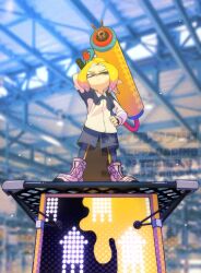 1boy 39_uxue black_leggings black_shorts blonde_hair blurry blurry_background commentary_request full_body game_screenshot_background highres holding holding_weapon inkling inkling_boy inkling_player_character leggings leggings_under_shorts male_focus medium_hair nintendo pink_eyes pointy_ears screenshot_background shoes shorts solo splat_roller_(splatoon) splatoon_(series) splatoon_3 standing tentacle_hair watermark weapon white_shoes