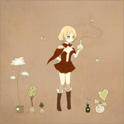 1girl arm_behind_back blonde_hair blush boots bottle breasts brown_background brown_boots brown_cape brown_dress cape closed_mouth commentary_request creator_(ragnarok_online) dress expressionless full_body fur-trimmed_boots fur_trim holding holding_bottle leaf lowres mimi_(caramel-candy) navel plant plunging_neckline potted_plant ragnarok_online simple_background small_breasts solo strapless strapless_dress