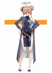 1girl aisaka_taiga black_footwear black_gloves blazer blue_archive blush breasts brown_eyes brown_hair butterfly_hair_ornament china_dress chinese_clothes contrapposto cosplay covered_navel double_bun dress fake_halo full_body gloves hair_bun hair_ornament halo hands_on_own_hips high_heels highres jacket kisaki_(blue_archive) long_hair pinstripe_pattern qingmingtongzi simple_background single_bare_shoulder small_breasts solo straight-on toradora! very_long_hair