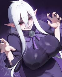 1girl bloodlight_(nyantcha) breasts cosplay covered_erect_nipples dress english_text grin hex_maniac_(pokemon) hex_maniac_(pokemon_legends:_z-a) hex_maniac_(pokemon_legends:_z-a)_(cosplay) highres huge_breasts long_hair mature_female nail_polish nyantcha original pointy_ears purple_dress red_eyes scar scar_across_eye scar_on_face sharp_teeth simple_background sister_almonde_(nyantcha) smile teeth white_hair
